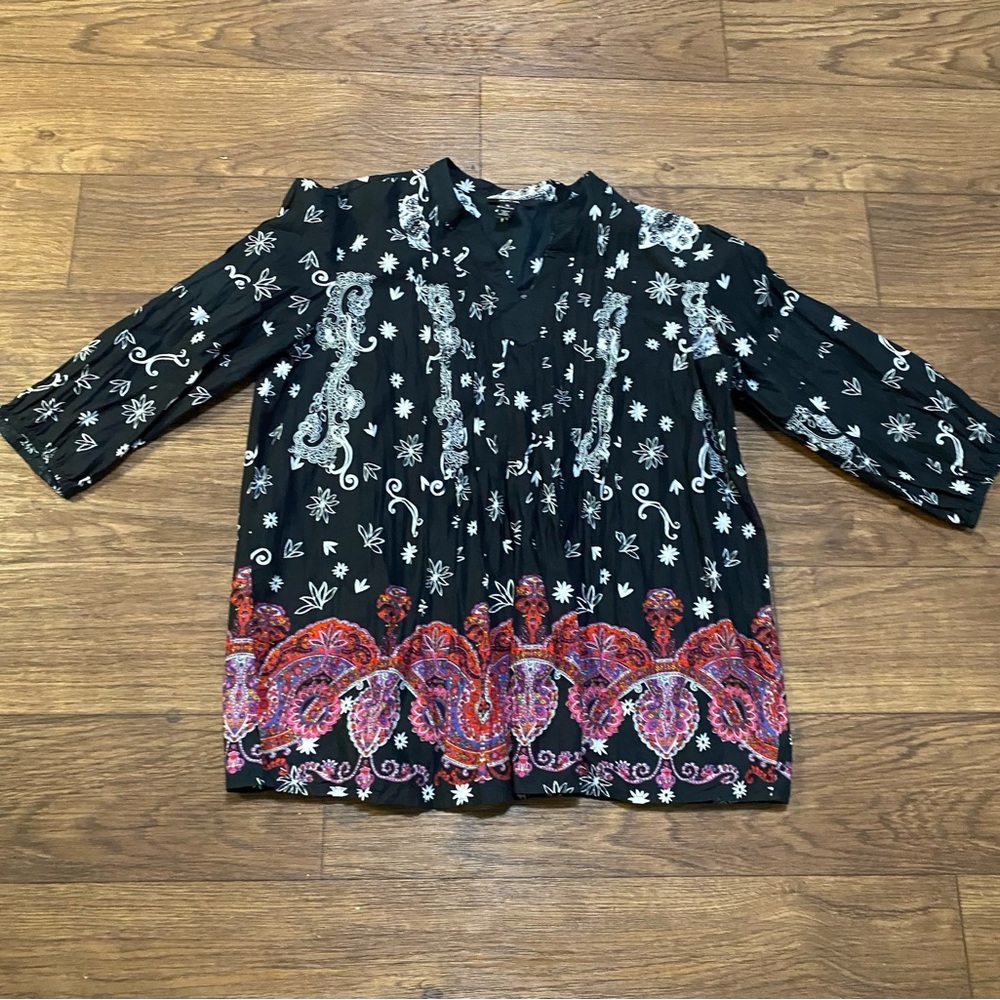 Style & Company popover pleated puff sleeves artsy art to wear 100% cotton top